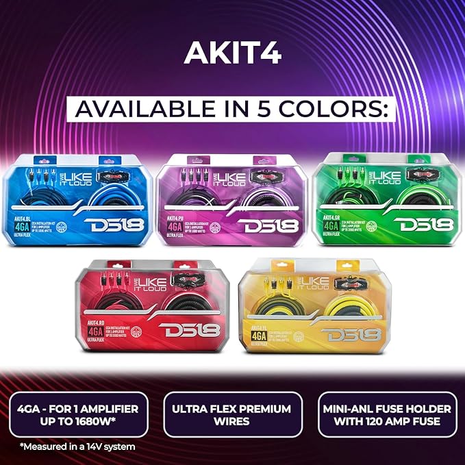 DS18 AKIT4.GR 4-GA Amplifier Installation Kit Up to 1680 Watts RMS, Mini-ANL Fuse Holder, Speaker & RCA Cables, CCA Amplifier Wiring Kit, Ultra Flex Wire, Amp Wire Kit, Amp Wiring Kit 4 Gauge - Green