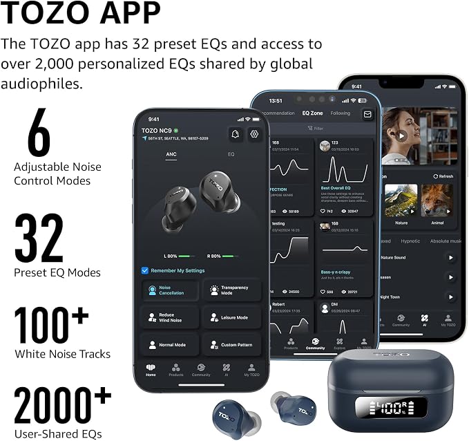 TOZO NC9 Hybrid Active Noise Cancelling Wireless Earbuds, 6 Mics ENC Clear Call, IPX8 Waterproof, in Ear Bluetooth 5.3 Headphones Stereo Bass Ear Buds 60H Playtime with LED Display 32 EQs via APP