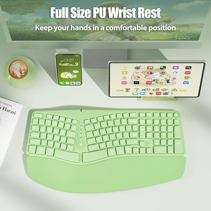 Bow Split Ergonomic Keyboard Wireless with Cushioned Wrist & Palm Rest, Wireless 2.4G/Bluetooth/Wired USB-C, Comfortable Natural Typing, Compatible with Windows/Mac/PC/Laptop, Matcha Green