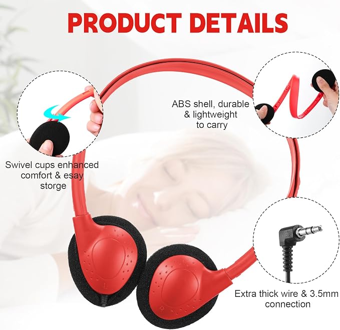 Konohan 10 Pack Headphones Bulk Headphone for School Classroom Student Wired Headphones Adjustable with 3.5 mm Jack for Adults (Red)