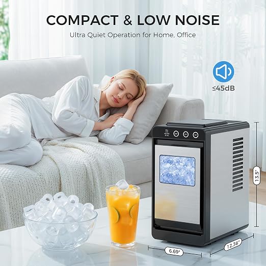 COWSAR Ice Maker Countertop, Portable Ice Machine with Self-Cleaning, 8 Cubes in 6 Mins, 26 lbs/24Hrs, Quiet Commercial Compact Ice Machine for Home, Camping, Bar, Stainless Steel Sliver