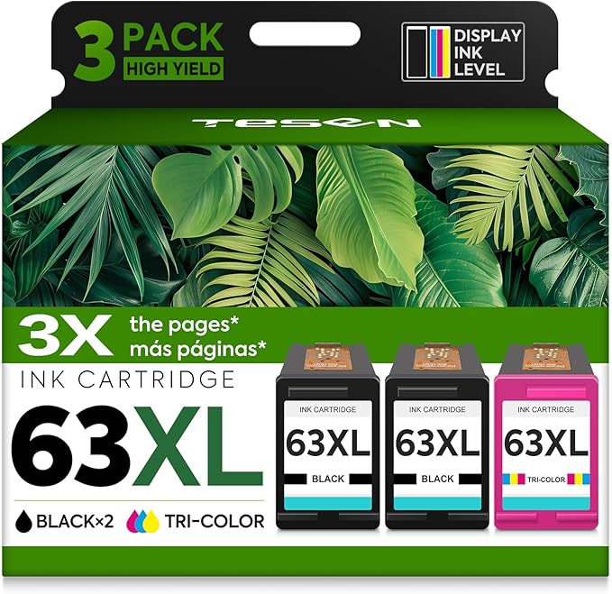TESEN 63XL Ink Cartridge 2-Pack Black and Color Replacement for HP Ink 63 HP63 XL Compatible for HP 4650 5258 5200 3830 5255 4655 4652 5252 3630 36341112 4510 4520 Printer Display Ink Level