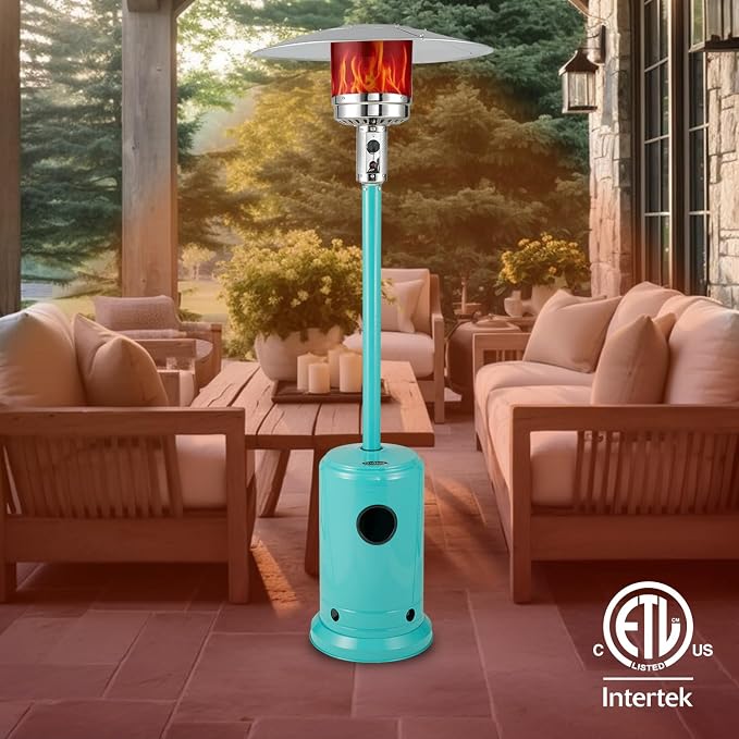 Fire Sense 61130 All Seasons Patio Heater With Wheels 48,000 BTU Output Electronic Ignition System Portable Outdoor Propane Heater Patio Heater - Aqua Blue