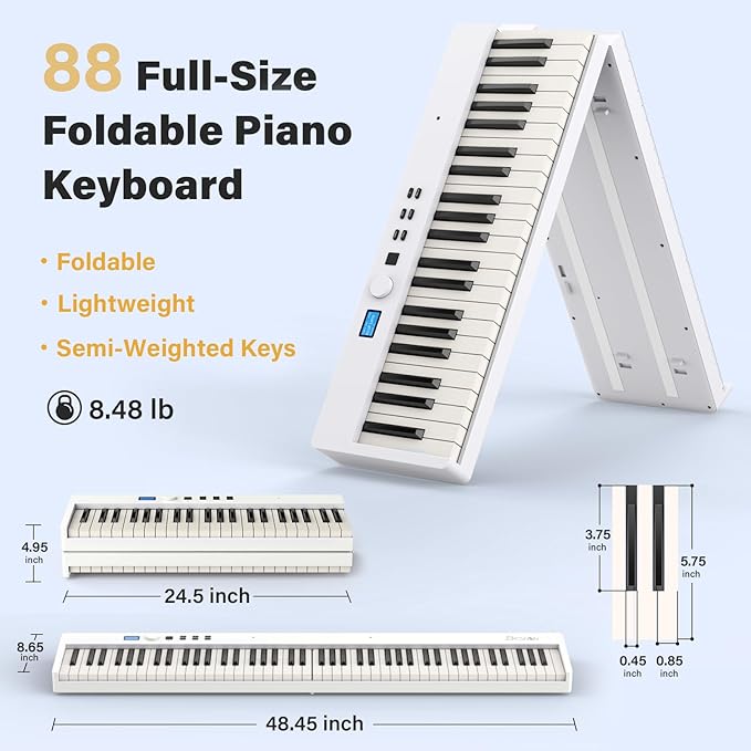 88 Key Keyboard Piano BSP-10F Portable Folding Piano with Semi-Weighted Keyboard, 128 Tones, USB MIDI, Sustain Pedal, Music Stand for Beginners Gifts, White