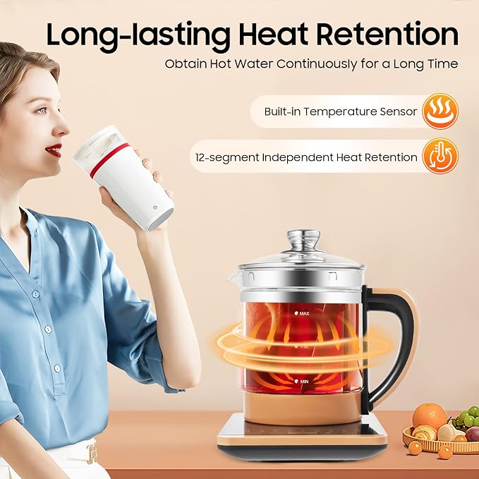 1.8L Electric Glass Kettle, 800W Health Pot with Temperature Control, 12 Independent Warming Stages, 18 Menus, Tea Infuser, Egg Steamer, Portable Kettle for Fragrant Tea, Coffee