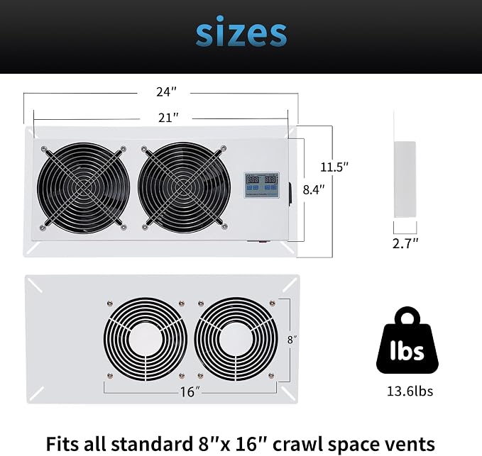 720 CFM Crawlspace Vent Fan, With Thermostat,Humidistat, For Moisture Reduction, Radon Mitigation, Freeze Protection, Ideal for Basement, Attic, Crawl Space Fan Vent(Air Out) 3-year warranty