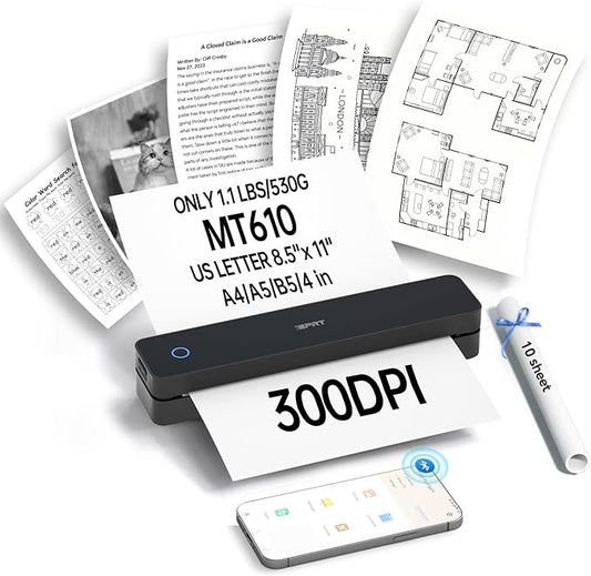 iDPRT Portable Printers Wireless for Travel,300dpi Mini Thermal Printer A4,Bluetooth Printer for Travel,Home,Study,Wireless Printers for Home Use Compatible with iOS,Android and PC,Black