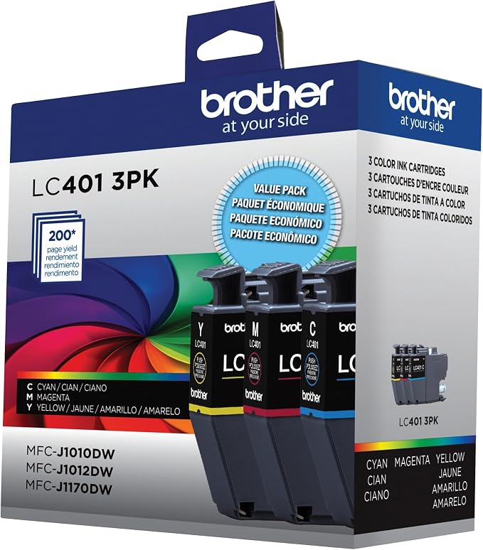 Brother Genuine LC401 Standard Yield 3-Pack Ink Cartridges â€“ Includes 1 Cartridge Each of Cyan, Magenta and Yellow , 3 Count (Pack of 1)