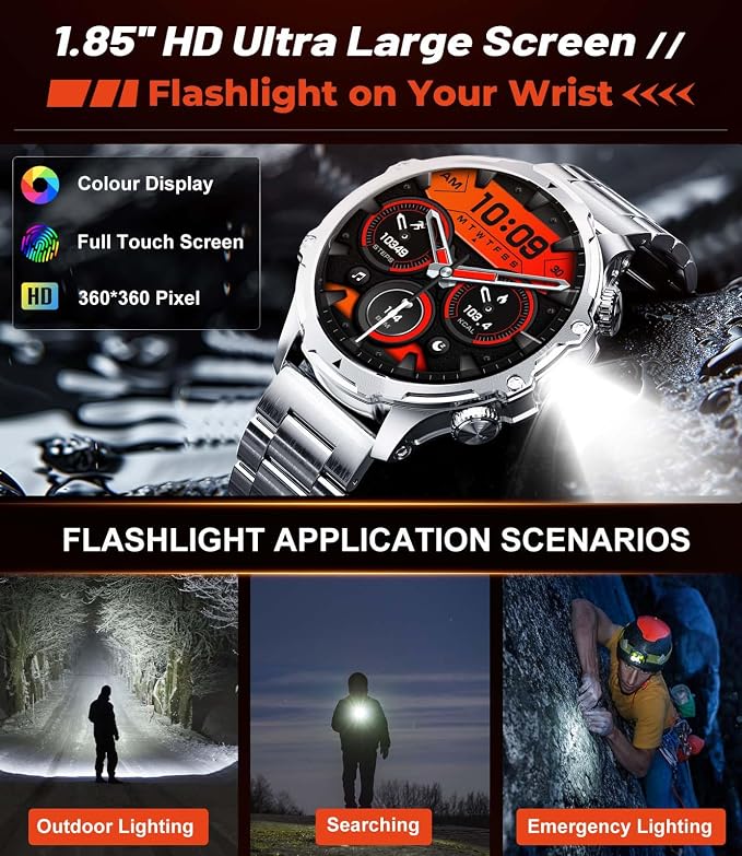 Military Smart Watch for Men, 1.85'' HD Large Screen Smartwatch, 800mAh/LED Flashlight/IP68 Waterproof/Pedometer/100+ Sports Fitness Tracker, Mens Smart Watches for Android iOS, Silvery