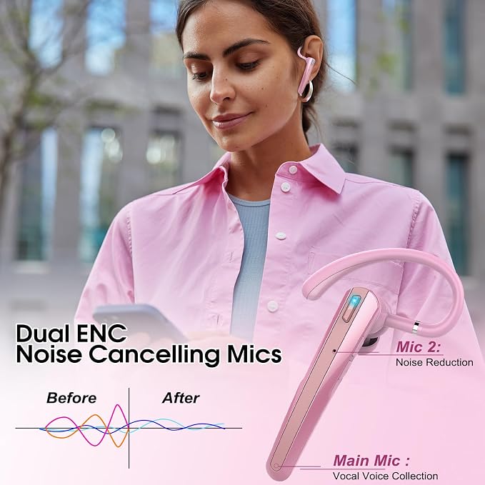 Bluetooth Headset V5.3, Wireless Headset with ENC Noise Canceling Mic, 120Hrs Talk Single-Ear Bluetooth Earpiece, LED Display, IP7 Waterproof Hand-Free Earphone for Business/Trucker/Driver, Pink