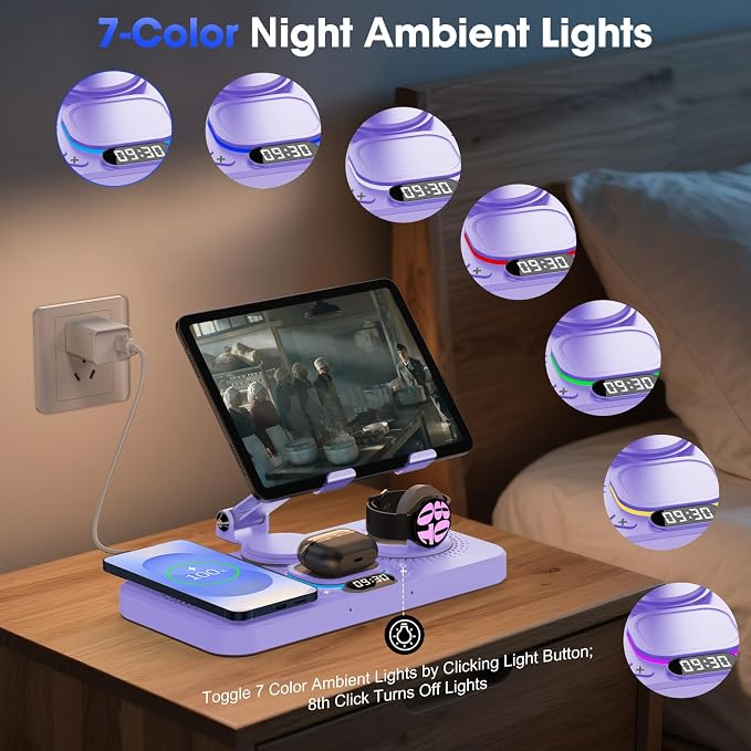 30W Tablet Wireless Charger for Samsung, Foldable Android Charging Station with Clock Display with 7-Color Light, Wireless Watch Charger for S25, Only Compatible Samsung Watch, Galaxy Buds3 Pro(Purple