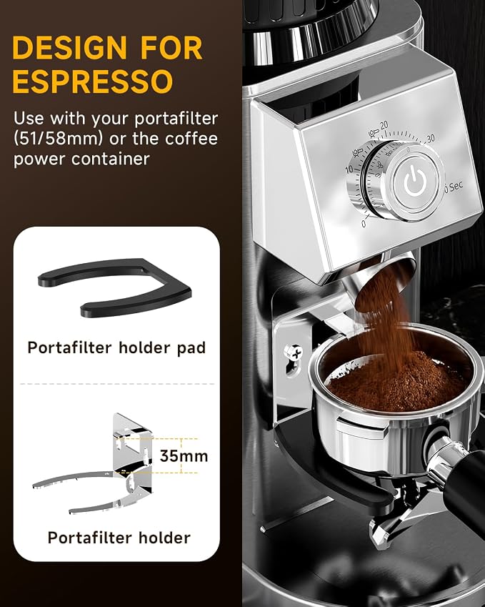 IAGREEA Conical Burr Coffee Grinder, 48 Grind Settings, 450RPM Low-Speed Anti-Static, Precision Timer, Portafilter Holder for Espresso, Drip, French Press, Cold Brew, Stainless Steel