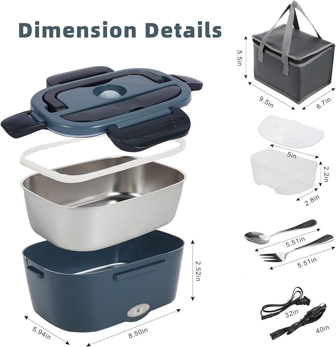 SOHIDA Electric Lunch Box, 12V/24V/110V Portable Food Warmer with SS Fork & Spoon for Car/Truck/Office, 80W Self Heating Lunch Box with 1.5L 304 Stainless Steel Container & 0.45L PP Fruit Box Black
