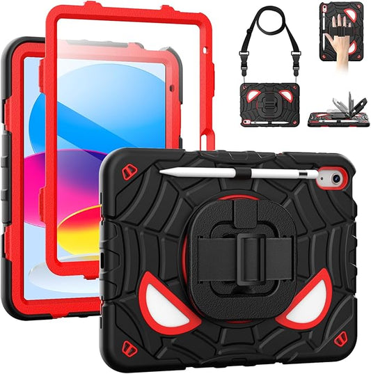 Grifobes Case for iPad A16 11th/10th Generation 2025/2022 11/10.9 inch, Full Body Protection with Screen Protector/Pencil Holder/Stand,Hand/Shoulder Strap for i Pad 11/10.9 Cover Black+Red