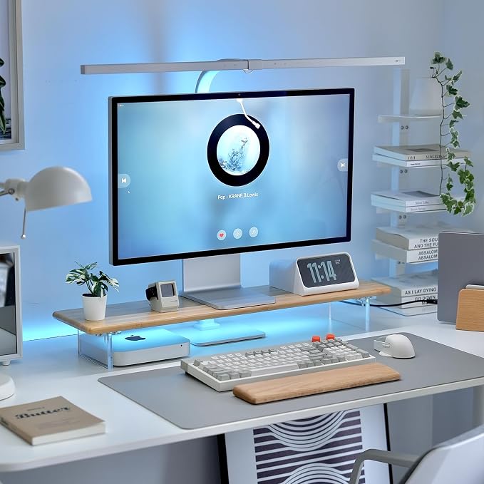 Bamboo Monitor Stand Riser with RGB Lights,31.5 Inches Desktop Shelf with Acrylic Legs Supports for Desk, PC Computer Monitor, Laptops, Printer, Speakers (Natural)
