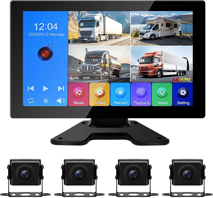 4 Channel Backup Camera Dash Cam 10.1" 1080p IP69 Waterproof DVR Recording Playback rv Camera System Music Video Player for Trucks Semis RVs Trailers Vans SUVs Carsn