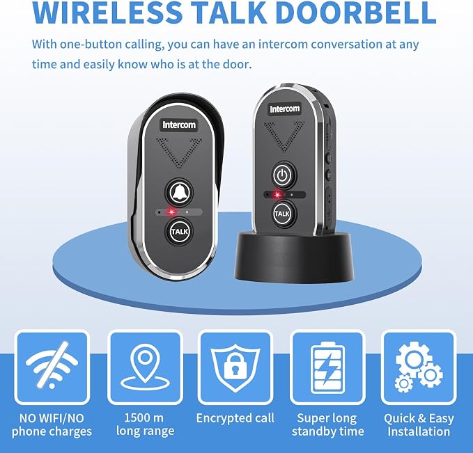 Intercoms Wireless for Home,4900ft Long Range Wireless Doorbell Intercom with 3 Channel, 3 Level Volume,Wireless Intercom Doorbells for Home Business, 1 Outdoor Intercom and 2 Indoor Intercoms