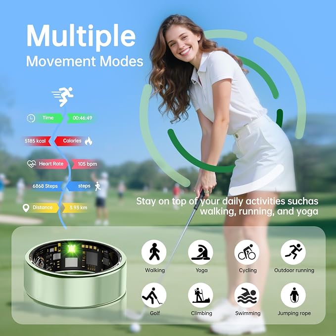 Smart Ring for Women & Men, Health Tracker Ring with Heart Rate, SpO2, Blood Pressure,Temperature, HRV & Stress, IP68 Waterproof Fitness Ring, Sleep Tracker for iPhone & Android, No App Fee(Green, 6#)
