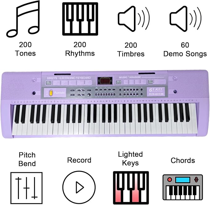 61 Key Electronic Keyboard Piano with Lighted Up Keys, Musical Mini Keyboard Piano with keyboard stand, Digital Portable Synthesizer Keyboards for Beginners Kids Adults (Purple)