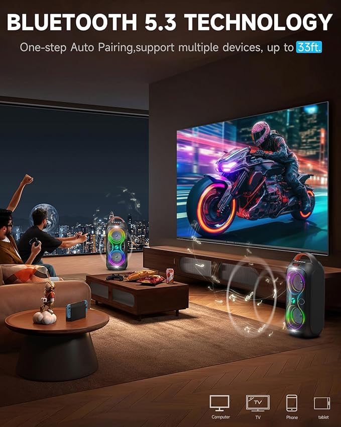 Wireless TWS Portable Bluetooth Speaker, Beat-Driven Lights, 120dB Loud Stereo Party Speaker with Bluetooth 5.3, USB/TF/AUX/FM/Mic, Built-in Carry Handle, Powerful Sound for Home,Outdoor,Party,Camping