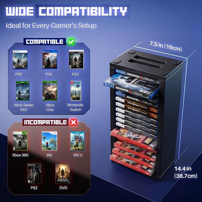 TNP Universal Video Game Storage Tower for PS5, PS4, PS3, Nintendo Switch, Xbox One, Xbox Series S/X - Black Video Game Holder Organizer Stand with 18 CD Case Storage for Organizing & Displaying