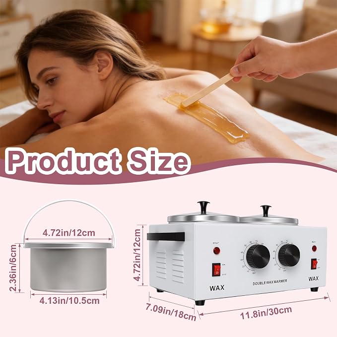 Wax Warmer Double Pot, Professional Electric Heater for Facial, Body, Spa, and Salon, 1.2L Dual Adjustable Temperature with 100 Wooden Craft Sticks, Hair Removal