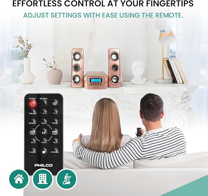 Philco Stereo Shelf Systems Compact CD Shelf System with Digital FM Stereo Radio, Bluetooth Wireless Technology, and Remote Control | LCD Display | MP3 & AUX Port Compatible | USB Playback (Rose Gold)