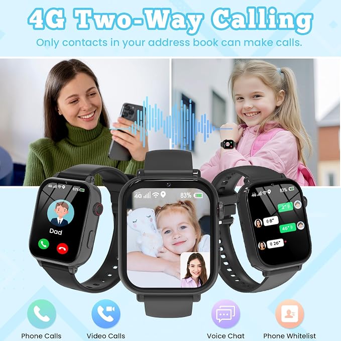 4G Kids Smart Watch GPS Tracker, Smartwatch for Kid with Video Calling, Voice Chat, Class Mode, SOS, Pedometer, Alarm, SIM Card HD Touch Screen Phone Watch Gift for 4-12 Girls Boys (Black)