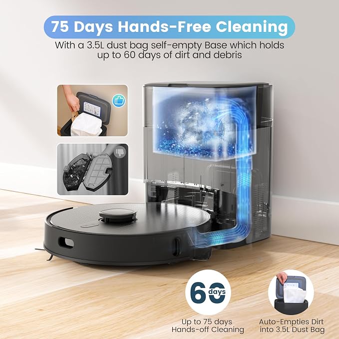 T20+ Robot Vacuum and Mop Combo Self‑Emptying with 6000Pa Suction, LiDAR Navigation, Home Mapping, 75‑Day Capacity, 180 Mins Runtime, APP&Voice&Remote, Robot Vacuum Cleaner for Hair, Floors, Carpets