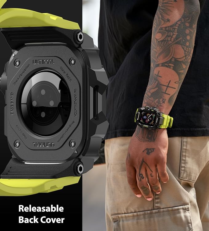 ULTIMAL Rugged Case with Band for Apple Watch 44mm,Compatible with Apple Watch Series SE 3/SE 2/SE Generation/6/5/4, Military Grade Shockproof Bumper Cover for iWatch Tactical Band Men (44mm,Fluorescent Green)