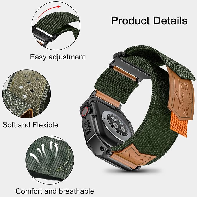BAITEYOU Band with Case Compatible with Apple Watch Band 45mm Series 9 8 7, Nylon Strap with Stainless Steel Metal Rugged Case Cover for iwatch Bands for Men