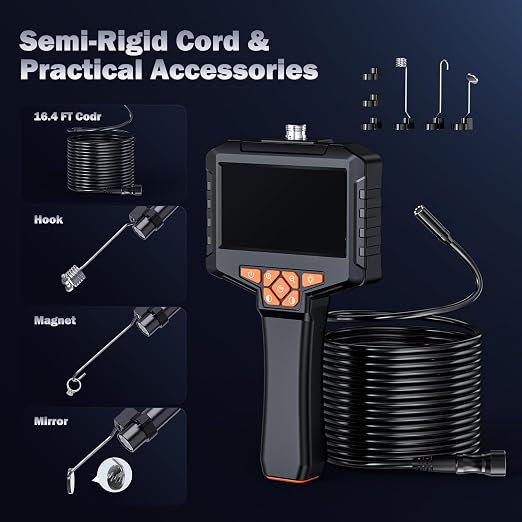 Single Lens Borescope, Ginocaco 4" IPS Endoscope Camera with Light, IP67 Waterproof Snake Camera with Semi-Rigid Cable for Automotive, Plumbers, HVAC(16.4Ft)