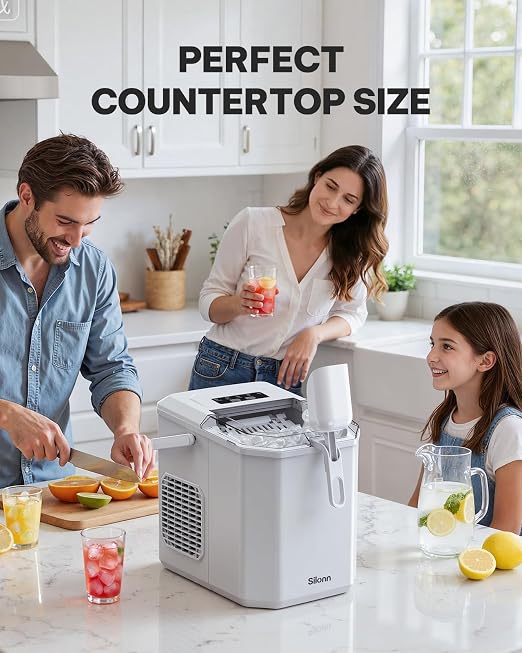 Silonn Ice Maker Countertop,Self-Cleaning Ice Makers with Basket and Scoop,9 Cubes in 6 Mins, 26 lbs per Day, Ideal for Home,Kitchen,Camping,RV,White