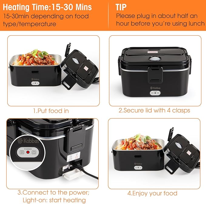 Kabbas 1.8L Portable Electric Lunch Box for Adults, 100W Heated Lunch Box for Men with Removable Dual Container, Fast Heating Food Warmer, 12V/24V/110V for Car Truck Office lonchera eléctrica portátil