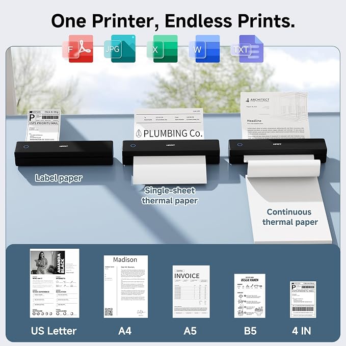 HPRT Inkless Portable Printer Wireless for Travel,Thermal Printer Supports 8.5" x 11" US Letter&A4&A5,Compatible with iOS,Android, Laptop, MT620,203 DPI,Black