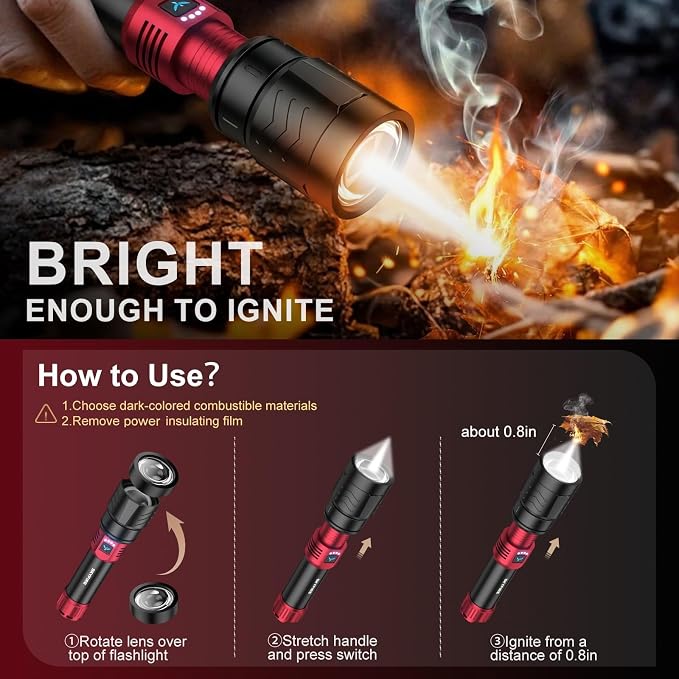 SKYFIRE Bright Flashlight with Ignition Lens&Yellow/Blue Light,3000lm Super Bright Rechargeable Flashlights High Lumens,Zoomable,Waterproof Tactical Flashlight for Camping,Outdoor &Gifts
