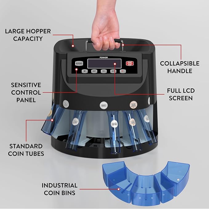 PONNOR Coin Counter Machine Sorter Change and Wrapper Roller Counting Organizer Sorts up to 300 Coins Per Minute Automatically Sorts and Batches - Black