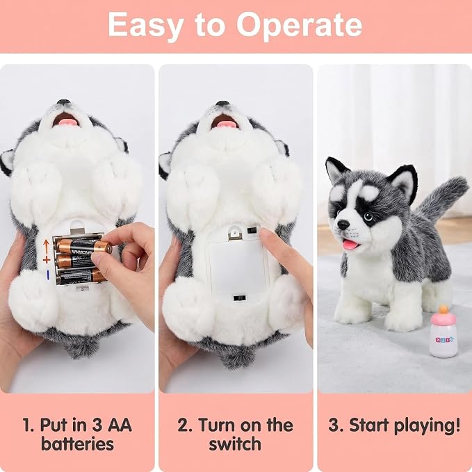 CU-MATE Electronic Walking Dog Toy, Interactive Plush Siberian Husky Puppy, Realistic Interactive Pet Toy Dog, Walking, Barking, Wagging Tail & Talking, Present Gifts for 3+ Year
