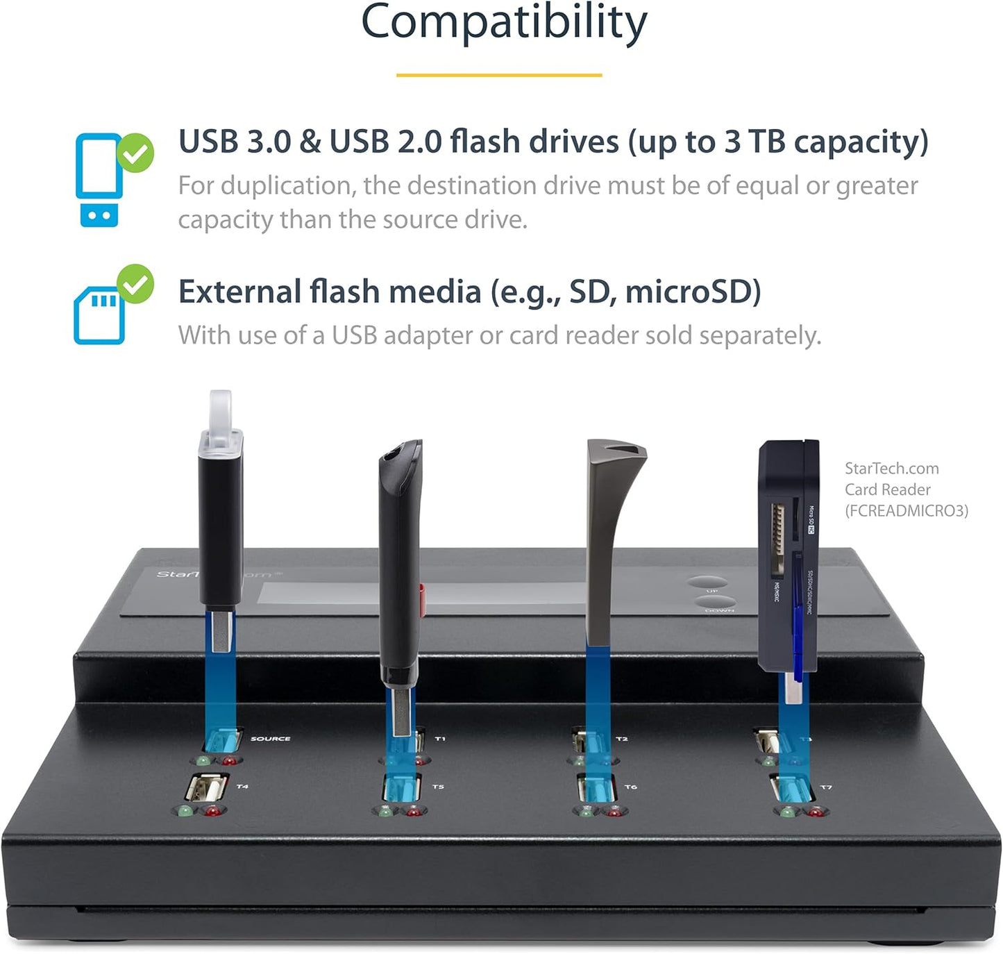StarTech.com Standalone 1 to 7 USB Flash Drive Duplicator/Cloner / Eraser, Multiple USB Thumb Drive Copier / Sanitizer, System File / Sector-by-Sector Copy, 1.5 GB/min, 3-Pass Erase, LCD, TAA