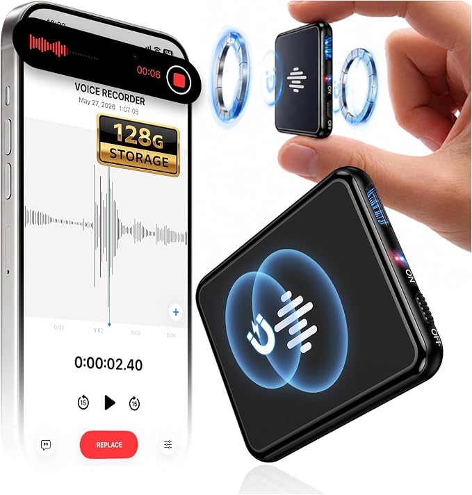 128G (9800 Hour) Voice Activated Recorder, Double-Sided Magnetic Audio Recorder with Playback, MP3 Form Voice Recorder with AI Noise Reduction, USB-C Listening Devices, 70H Continuous for Lectures
