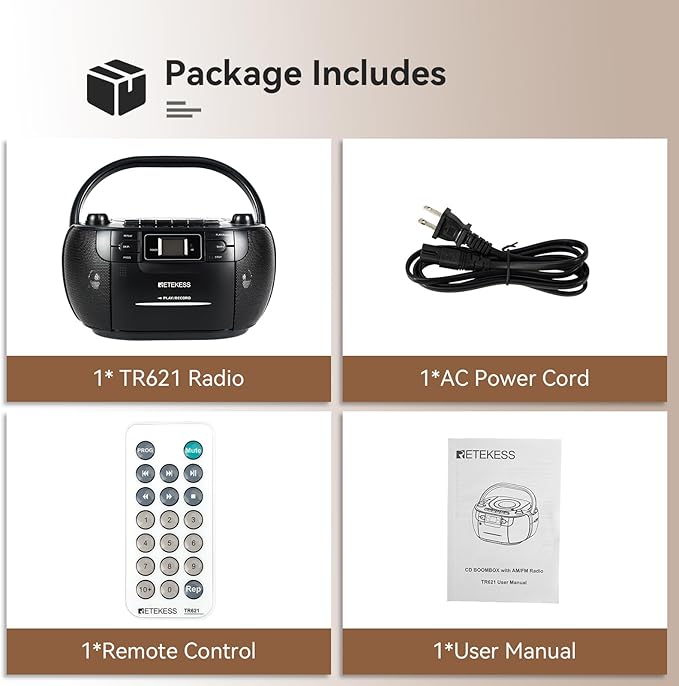 Retekess TR621 CD Player Boombox, Cassette Tape Player AM FM Radio, Stereo Sound, USB and TF Card Playback with Remote Control, Tape Recording, for Home(Black)