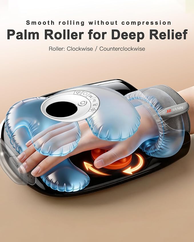 JZBRAIN Hand Massager with Heat and Compression : Full Hand & Wrist Massage, Cordless Electric Hand Massager with 6 Modes & 6 Intensities for Seniors, Office Daily Comfort & Relaxation (Black)