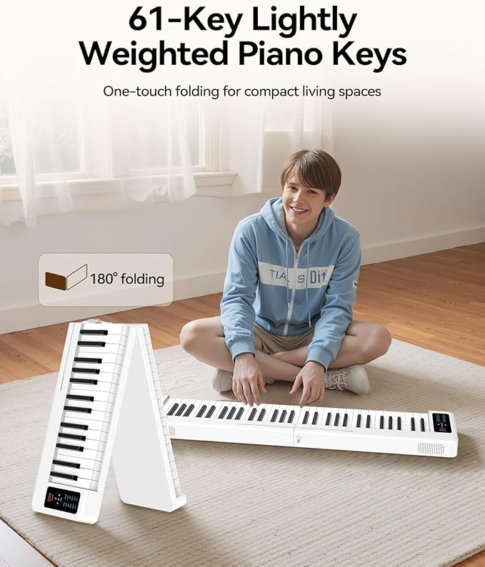 Rhymo Folding Piano Keyboard, 61 Keys Sensitive Electric Piano, Semi-Weighted Portable Electric Keyboard with Bluetooth MIDI, Digital Foldable Keyboard for Beginners(White)