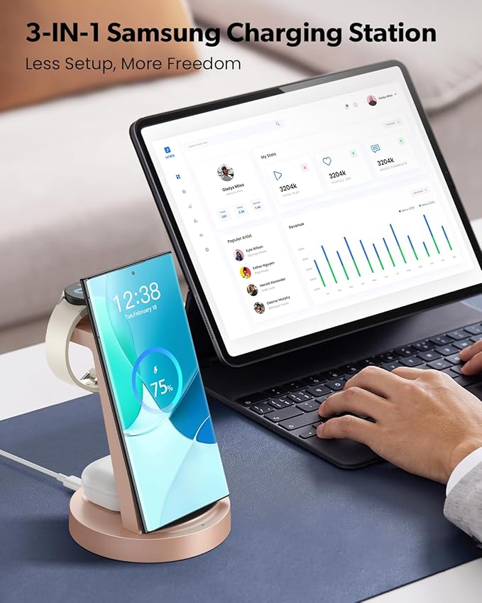 Wireless Charger for Samsung: 3 in 1 Wireless Charging Station for Samsung Galaxy Watch 8 7 6 5 4 3 Pro Classic Galaxy Buds - Rose Gold