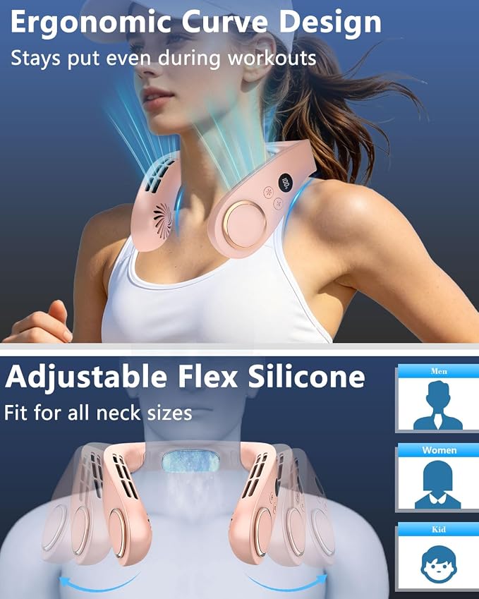 AJGJF Portable Neck Fan,1S Cool Down,5500mAh Rechargeable, 24H Max Runtime, Ultra Quiet, 5 Speeds, 3 Temp Modes, USB-C Fast Charging, LED Battery & Speed Display, Neck Coolers for Hot Weather Pink