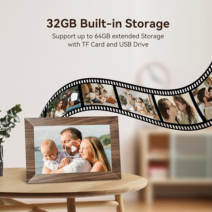 10.1 Inch Digital Picture Frame with 32GB Storage, WiFi Digital Photo Frame 1280x800 HD IPS Touchscreen, Easy Setup for Photo & Video Sharing via Free App, Brown Wood Grain