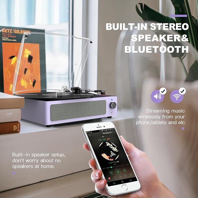 Record Player for Vinyl All-in-one Turntable with Speakers Belt-Driven Turn Table 3-Speed 3 Size 33 1/3 45 78 RPM BT Wireless Headphone AUX-in RCA LP Phonograph Auto Stop New Sleek Light Pale Purple