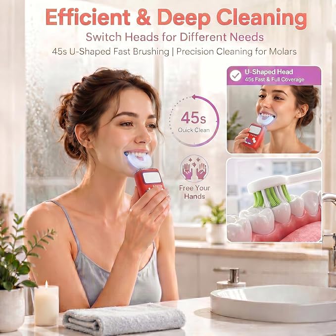 Adult Ultrasonic Electric Toothbrush, 360° Oral Cleaning for Stain & Whitening, IPX7 Waterproof Rechargeable, U-Shape Brush Head×3 + Straight Handle Brush Head×2 + Storage Cup