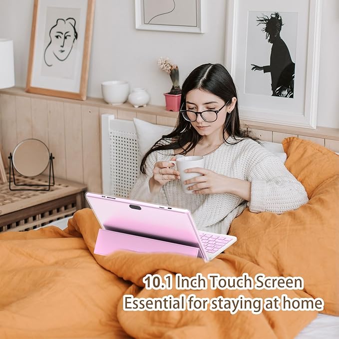 Tablet 2 in 1 Tablets 10 inch Android 15 Tablet Set with Keyboard Case Mouse Stylus Pen, 8GB+32GB Tablets 10.1" HD Touch Screen Tab, 2MP+8MP Dual Camera 6000mAh battery WiFi6 Bluetooth Tableta PC Pink
