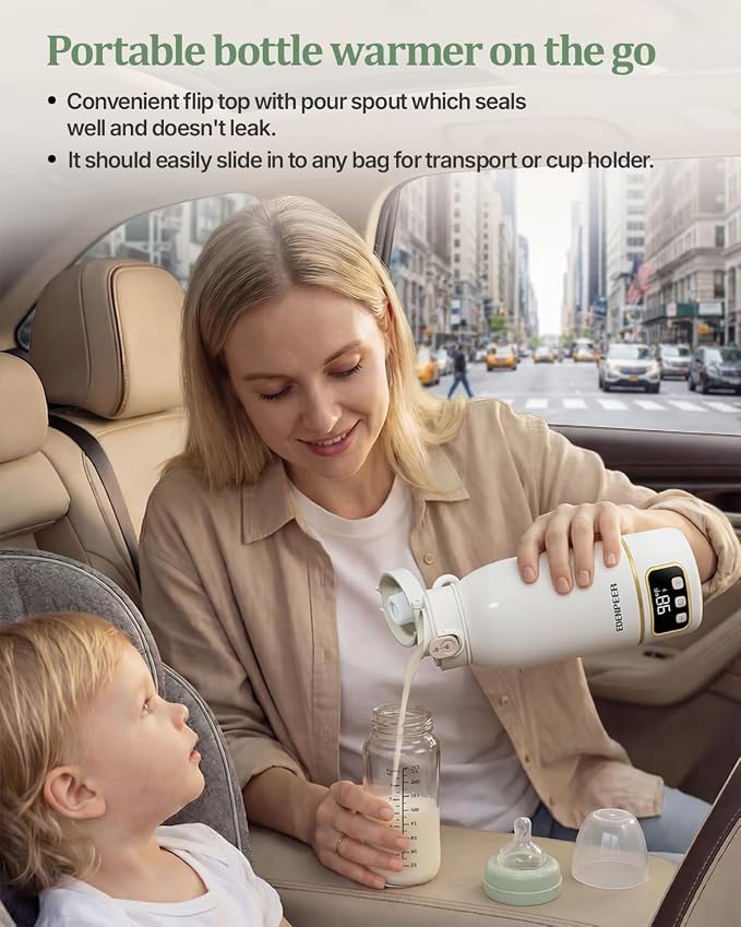 Portable Bottle Warmer for Travel, Fast Baby Bottle Warmer On the Go with Precise Temp Control, 17 OZ Milk Warmer, Leak-Proof Cordless Breastmilk Warmer, Fits Most Bottles, Ideal Newborn Baby Gift